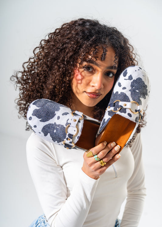 Cow-Print Fuzzy Clog Mules-WHITE