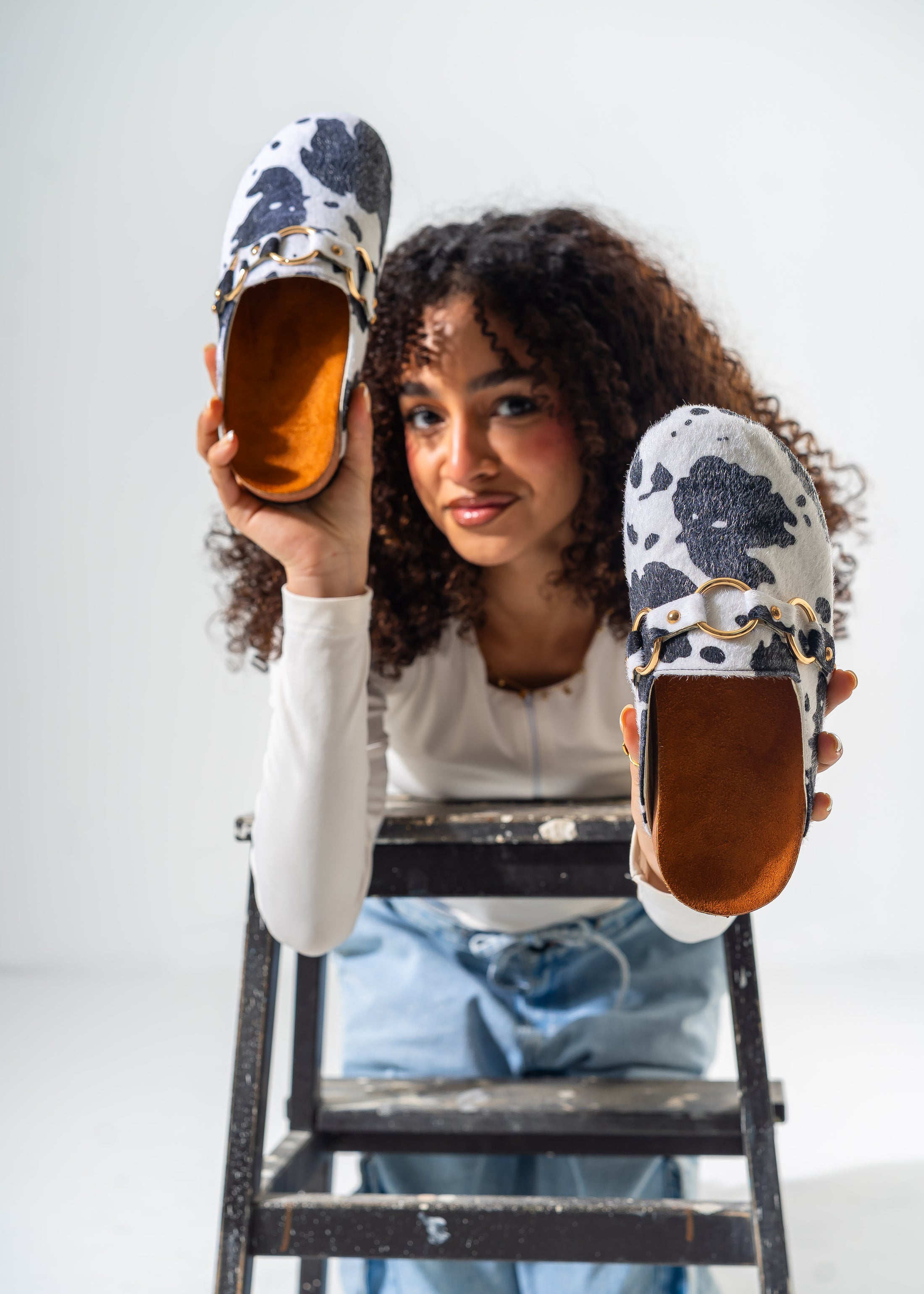 Cow-Print Fuzzy Clog Mules-WHITE