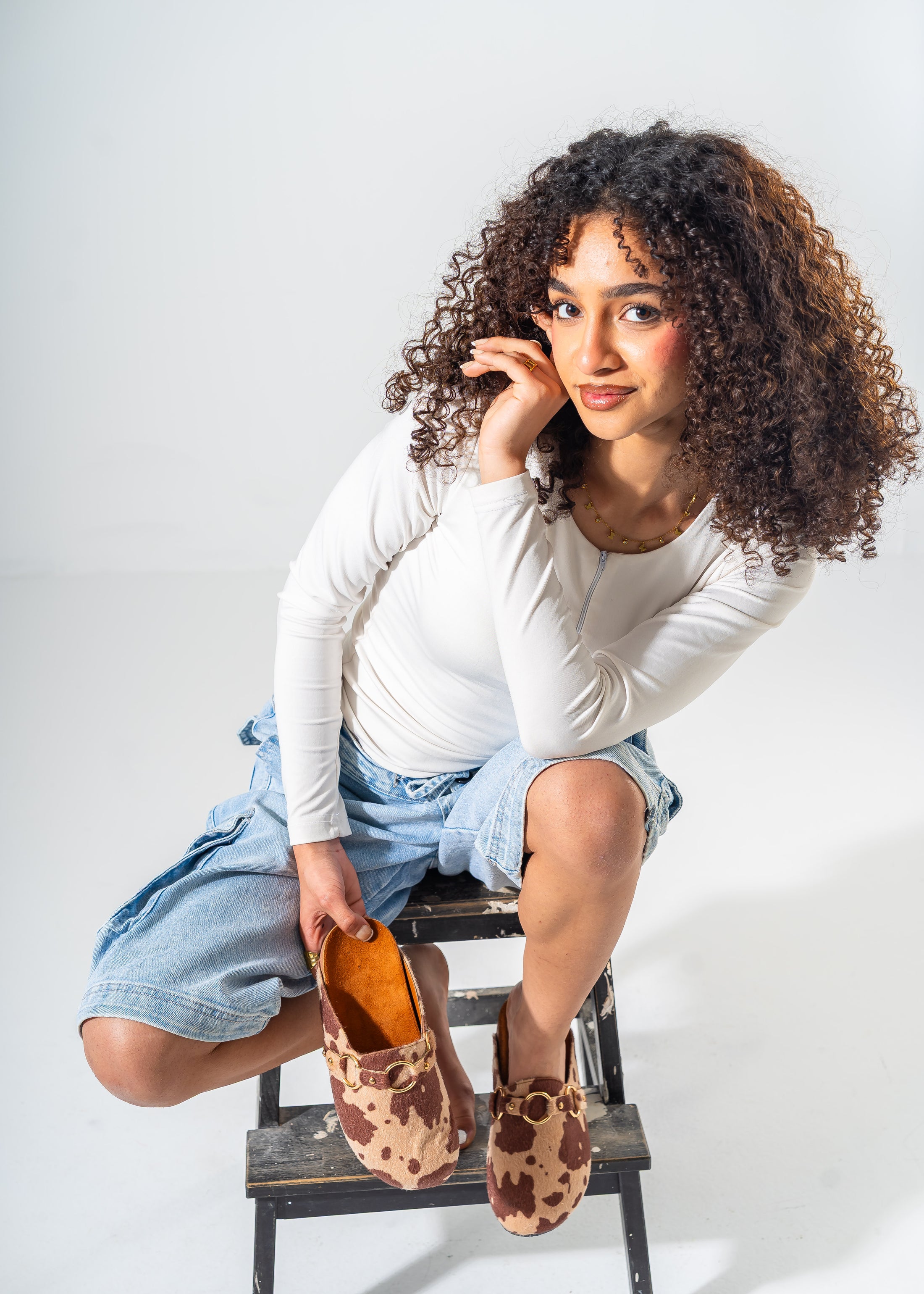 Cow-Print Fuzzy Clog Mules-BROWN
