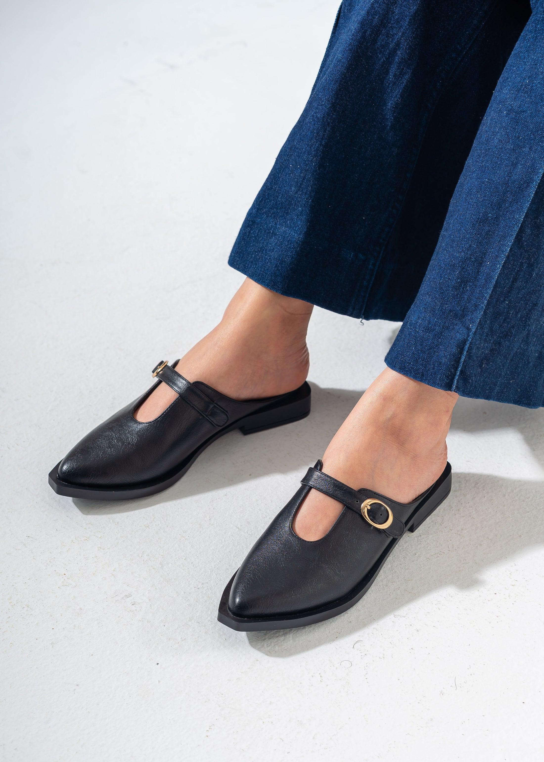 The Minimalist Buckle Mules-BLACK