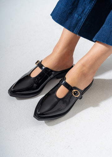 Patent T-Strap Pointed Mules-BLACK