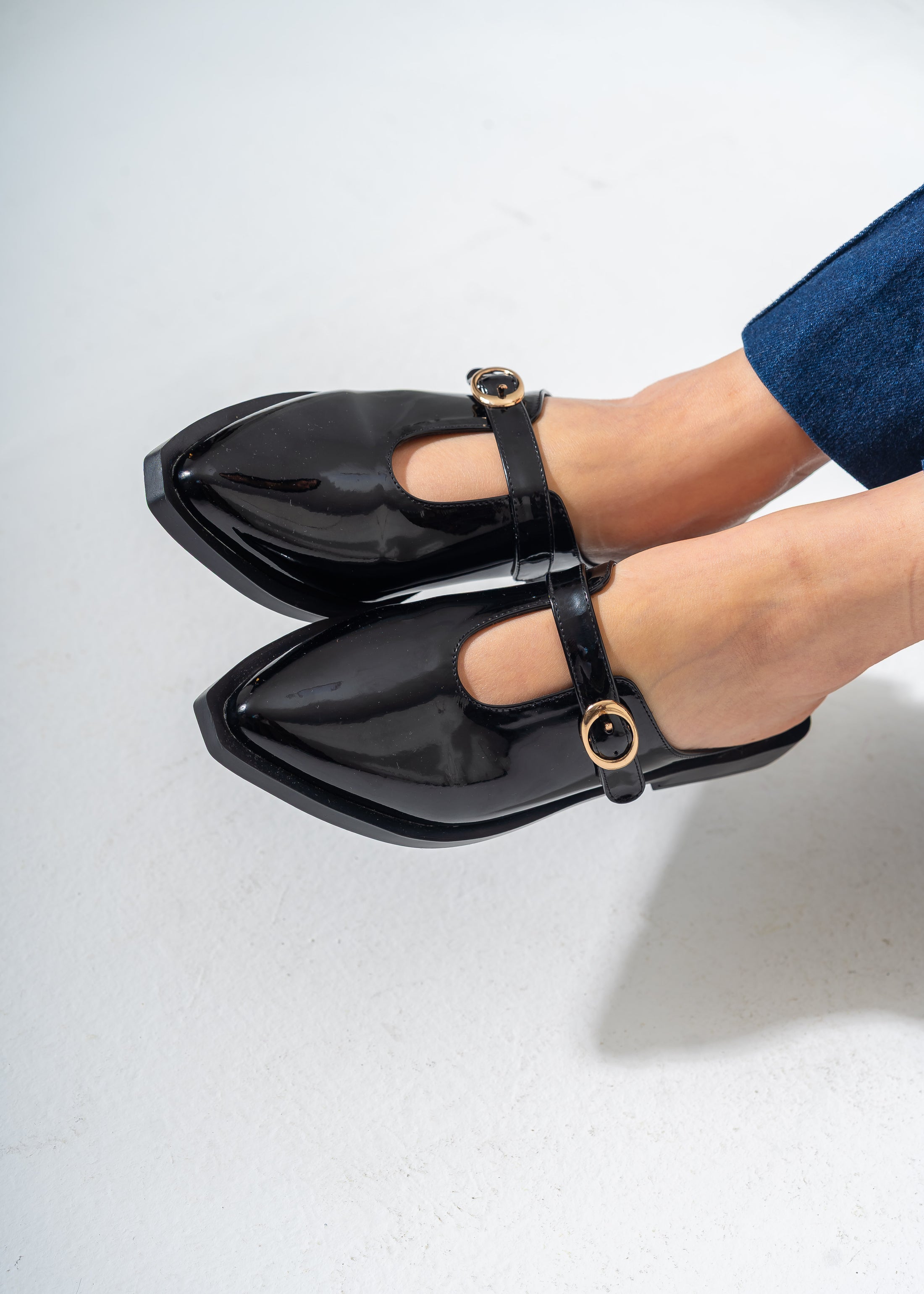 Patent T-Strap Pointed Mules-BLACK