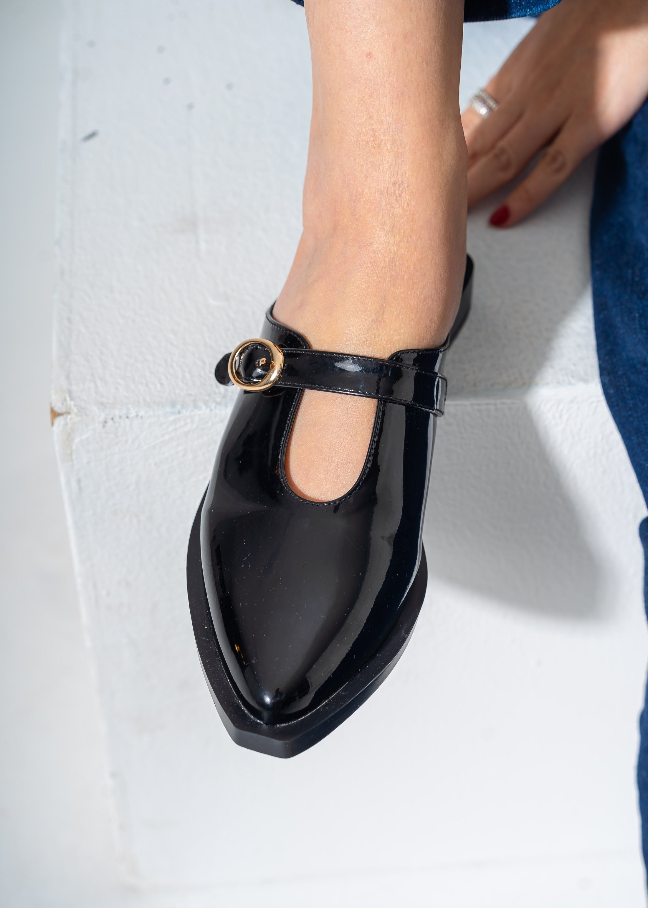 Patent T-Strap Pointed Mules-BLACK