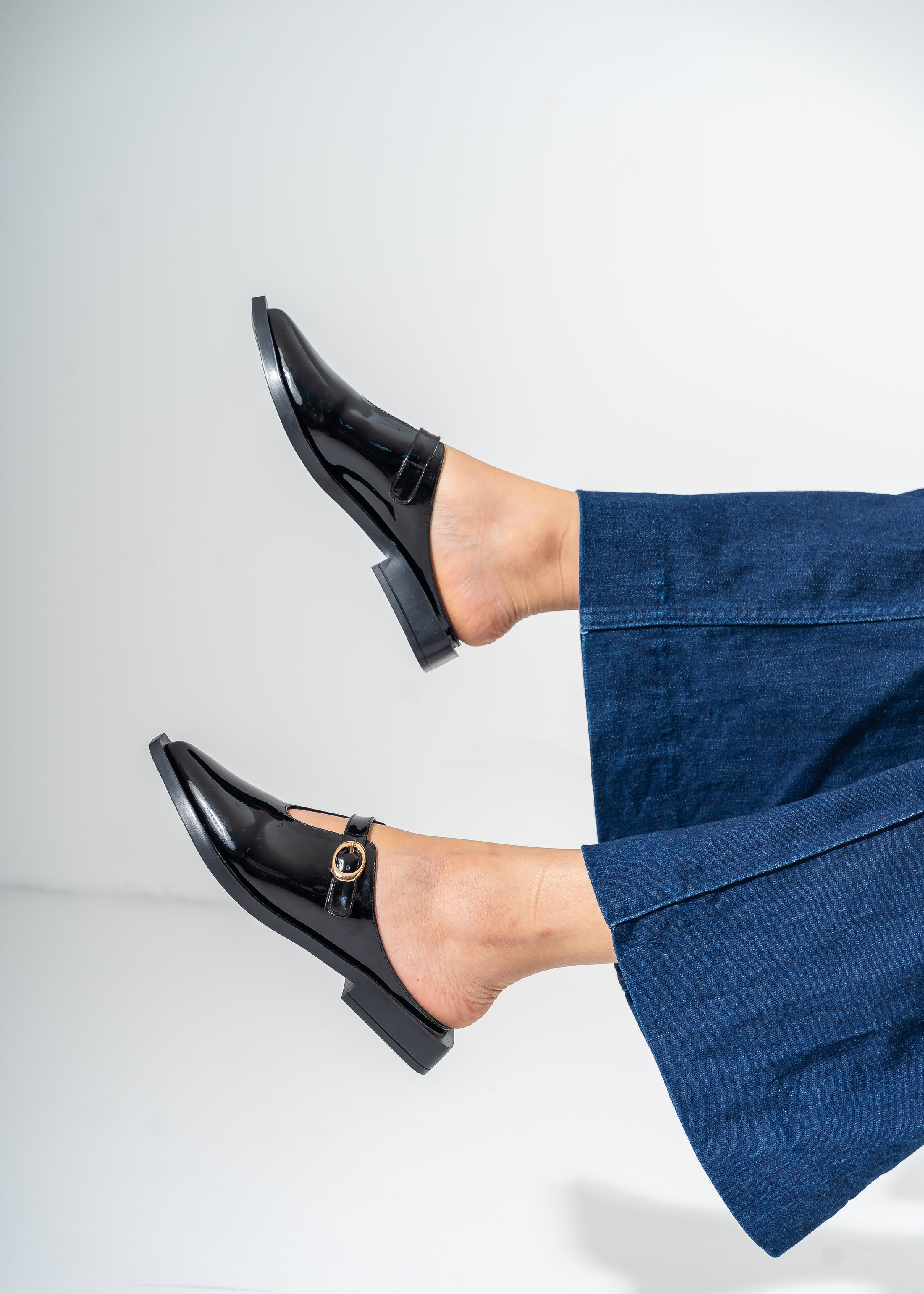Patent T-Strap Pointed Mules-BLACK