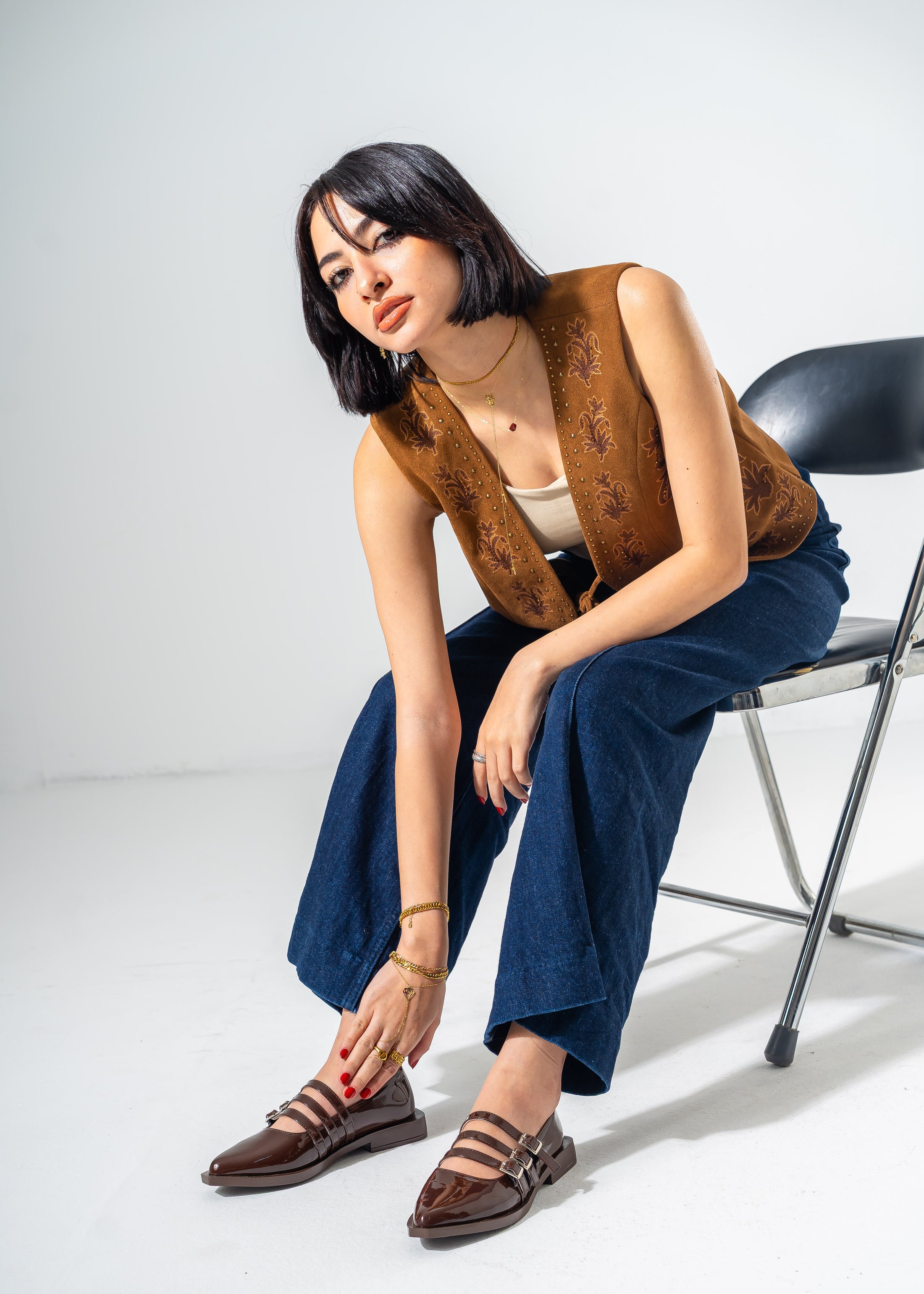 Patent Multi-Strap Buckle Flats-BROWN