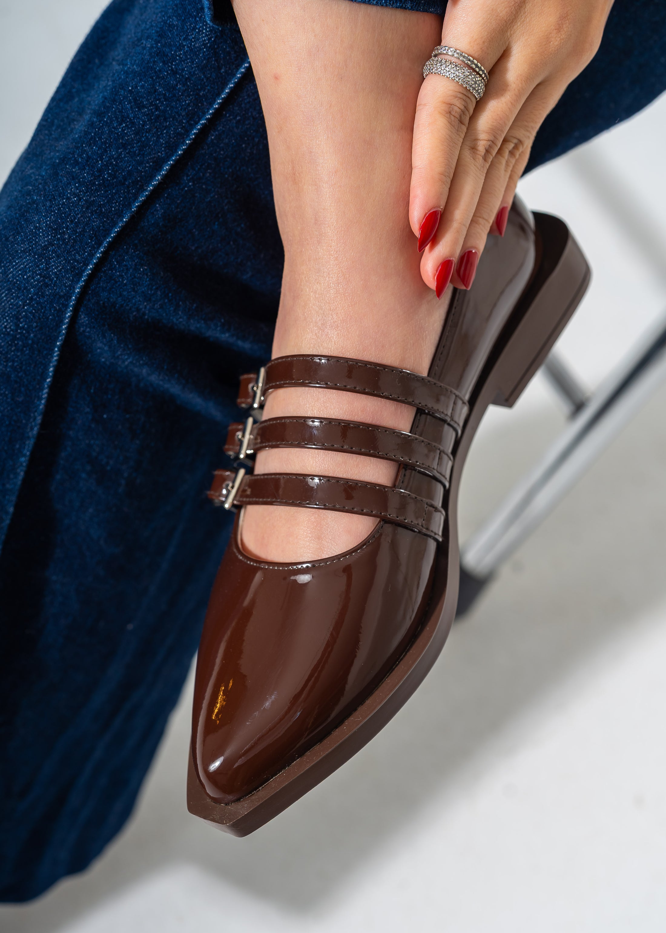 Patent Multi-Strap Buckle Flats-BROWN