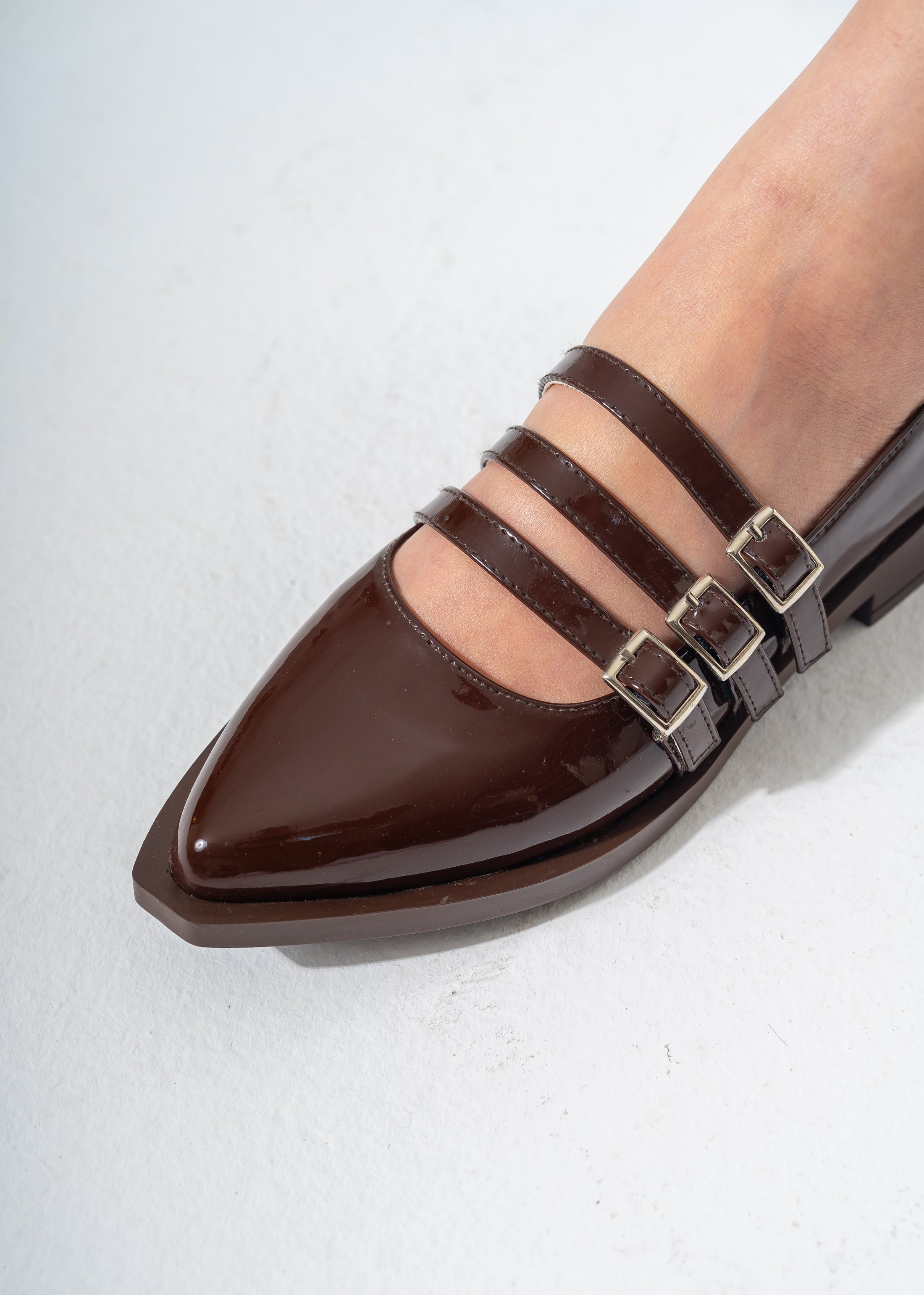 Patent Multi-Strap Buckle Flats-BROWN