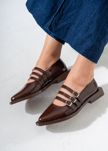 Patent Multi-Strap Buckle Flats-BROWN