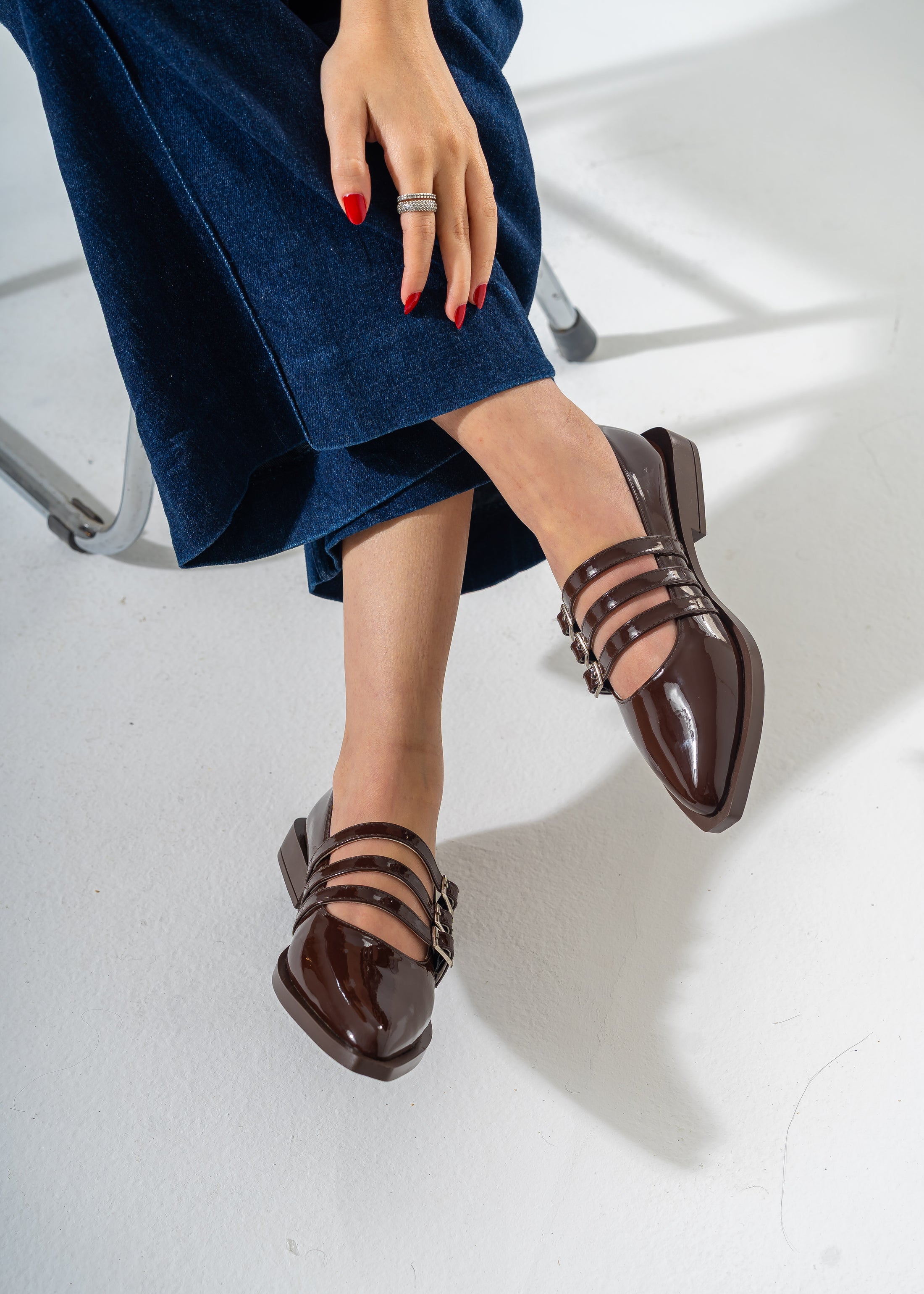 Patent Multi-Strap Buckle Flats-BROWN