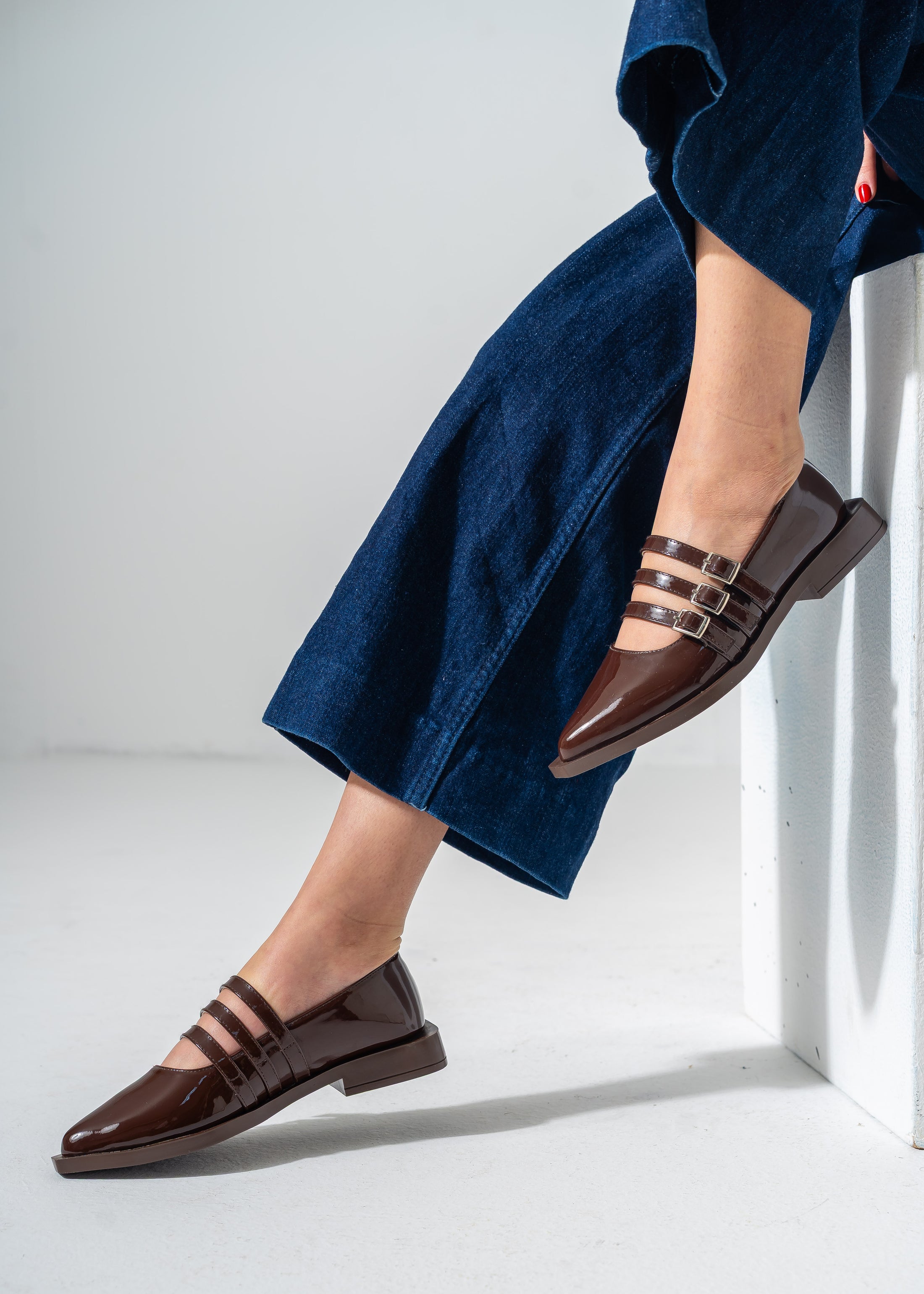 Patent Multi-Strap Buckle Flats-BROWN