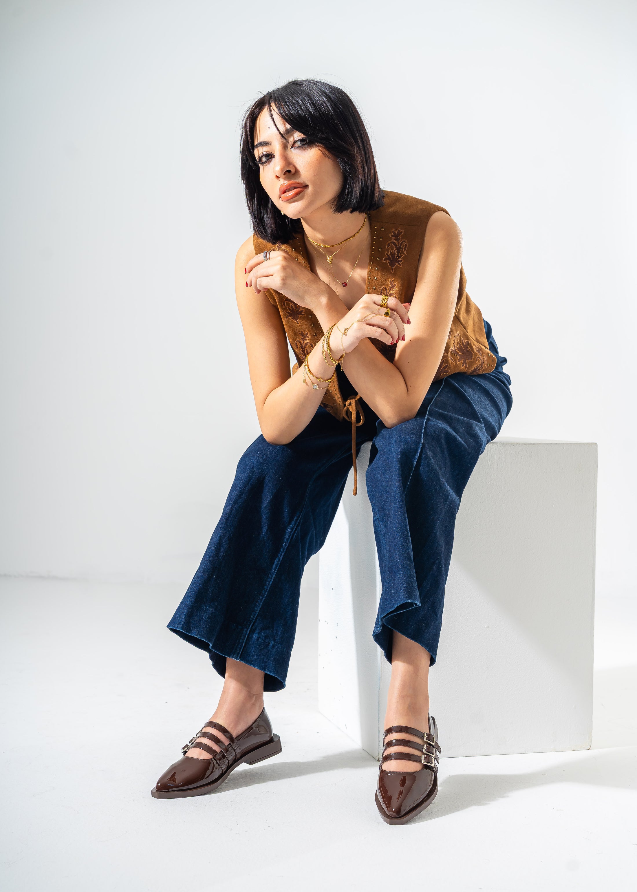 Patent Multi-Strap Buckle Flats-BROWN