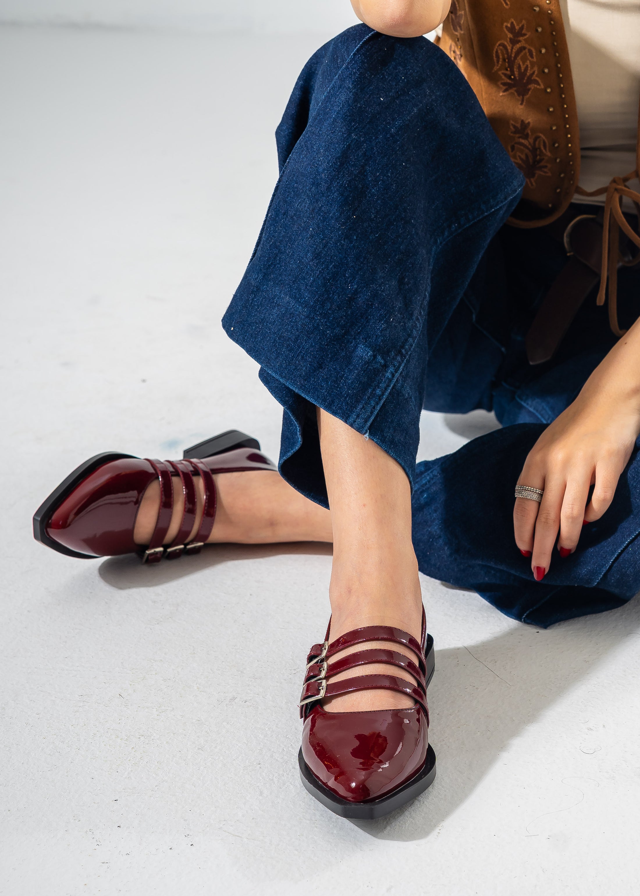 Patent Multi-Strap Buckle Flats-MAROON