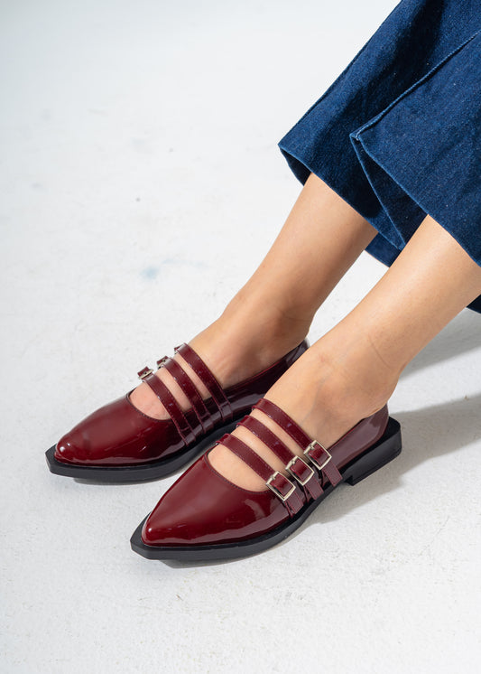 Patent Multi-Strap Buckle Flats-MAROON