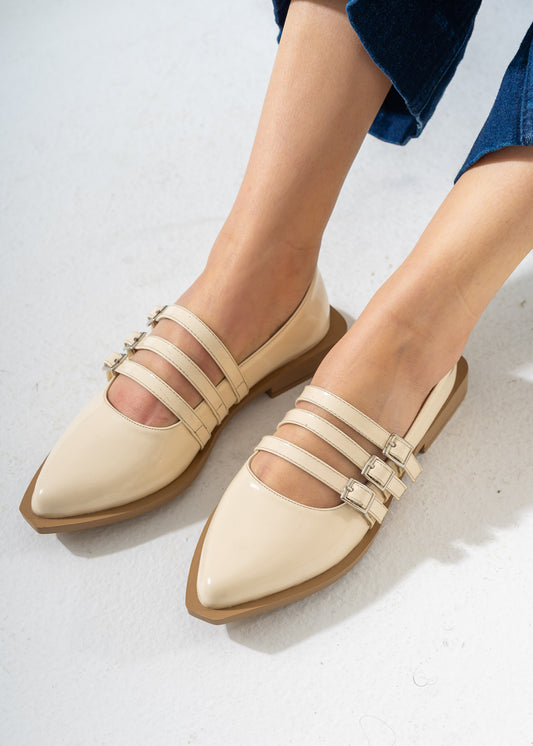 Patent Multi-Strap Buckle Flats-BEIGE