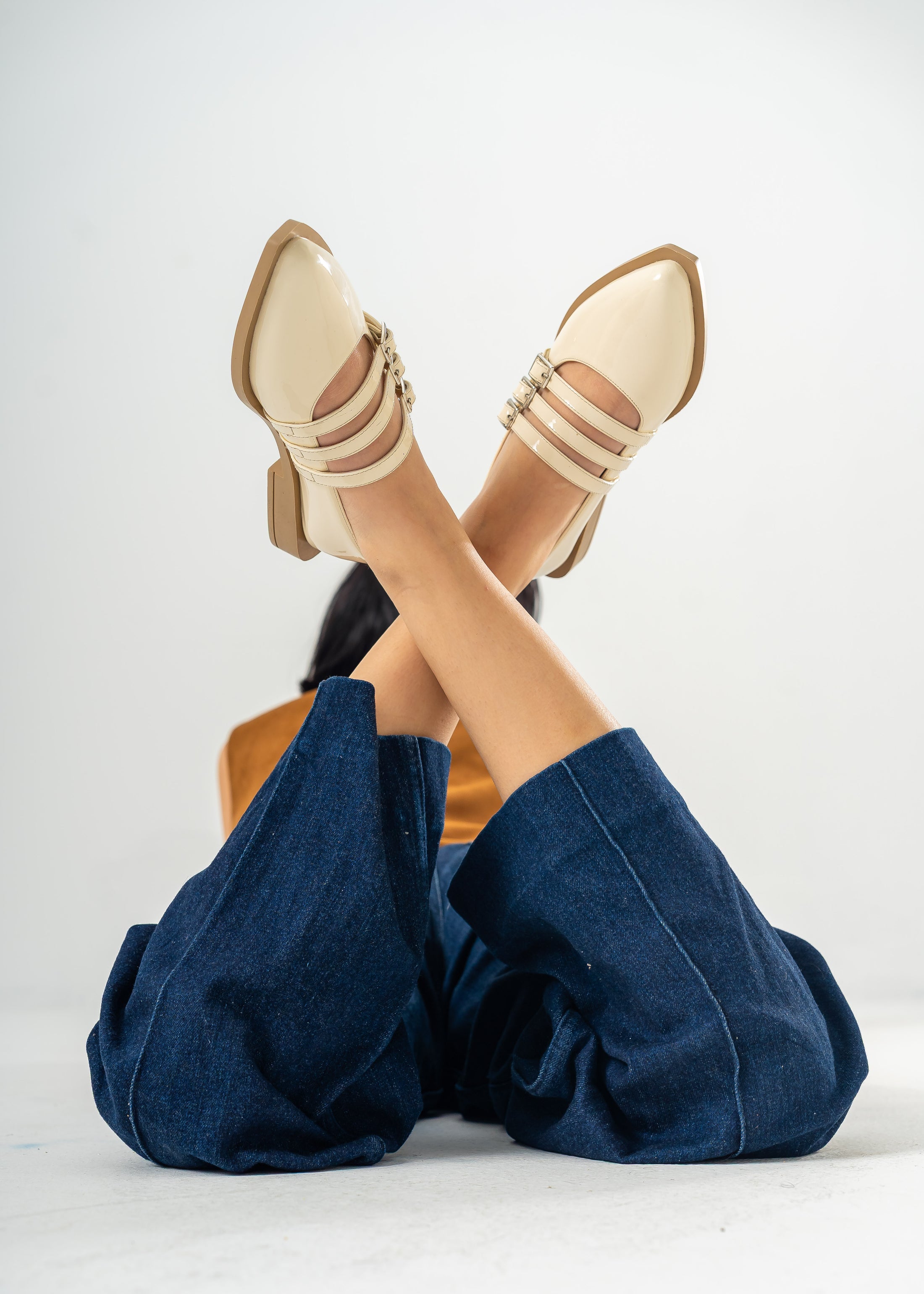 Patent Multi-Strap Buckle Flats-BEIGE