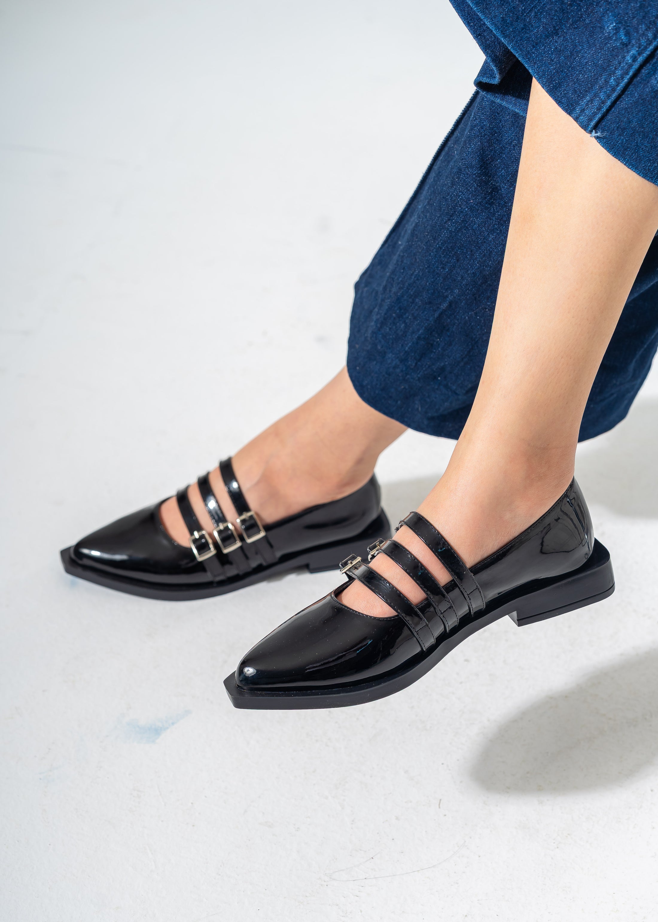 Patent Multi-Strap Buckle Flats-BLACK