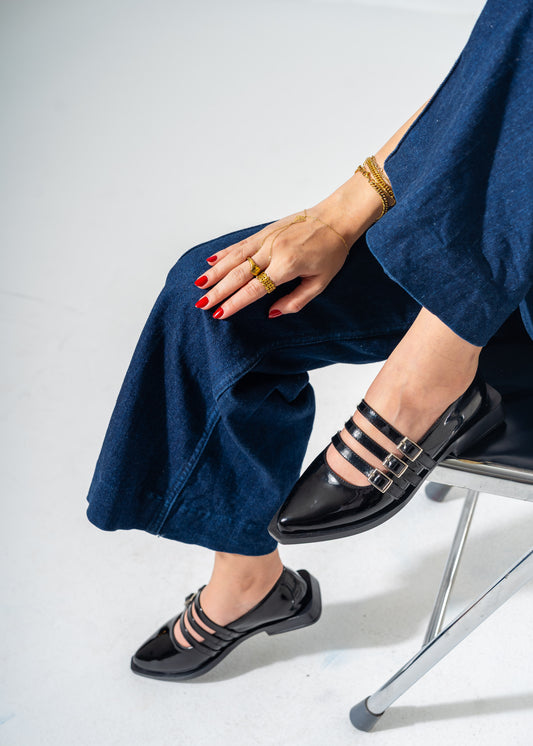 Patent Multi-Strap Buckle Flats-BLACK