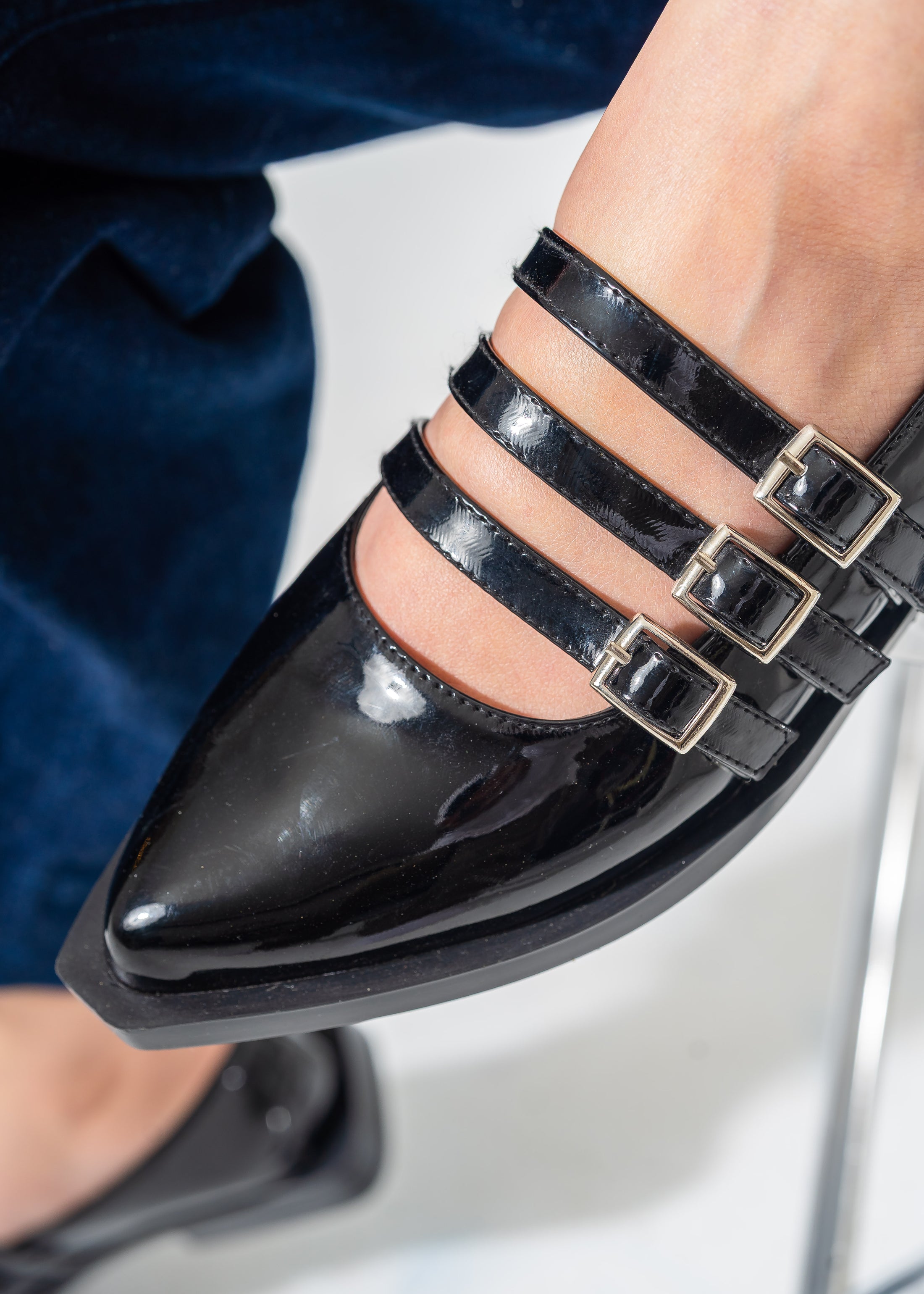Patent Multi-Strap Buckle Flats-BLACK