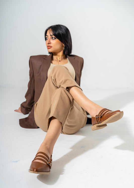 Pointed-Toe Triple Strap Flats-CAMEL