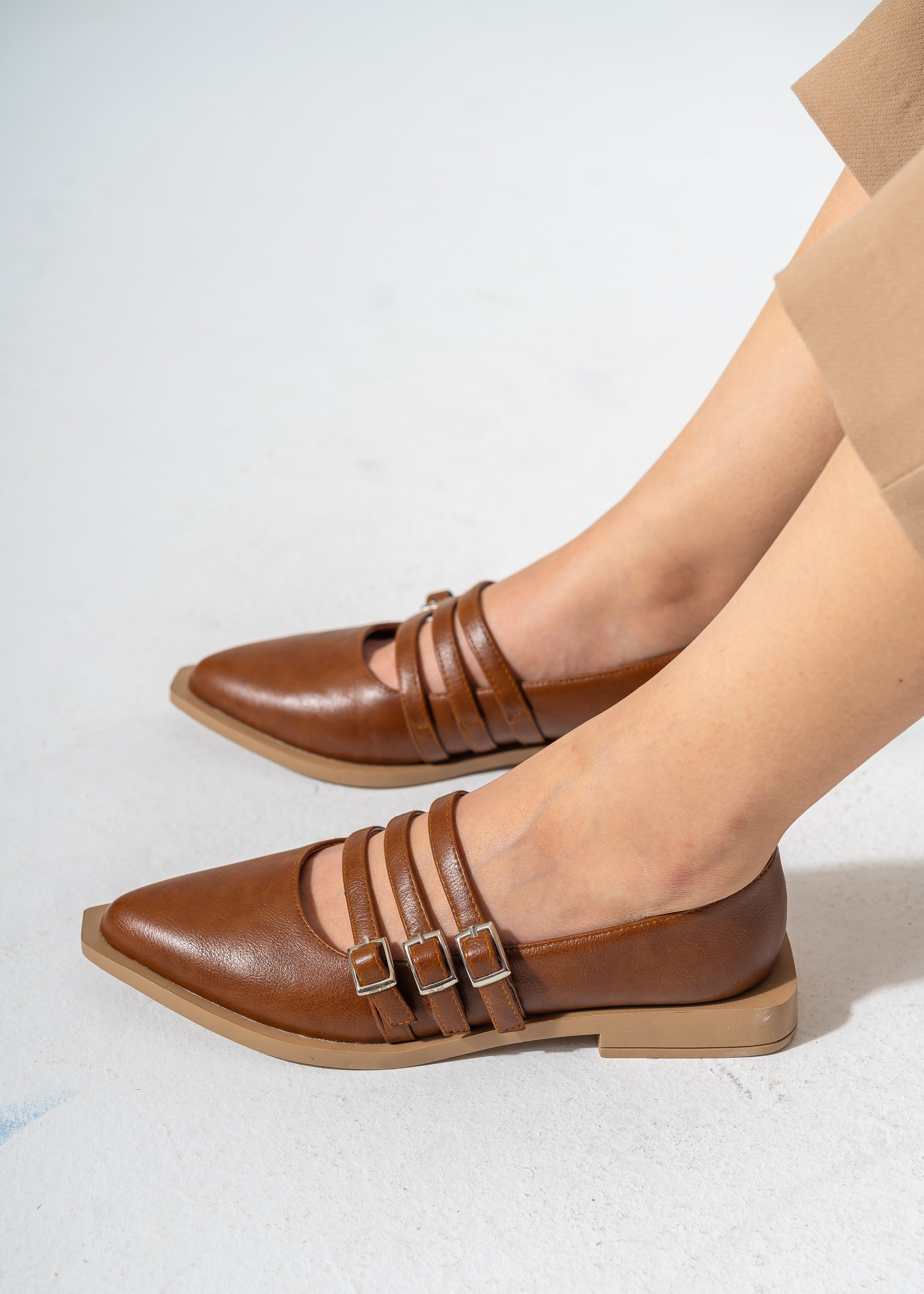 Pointed-Toe Triple Strap Flats-CAMEL