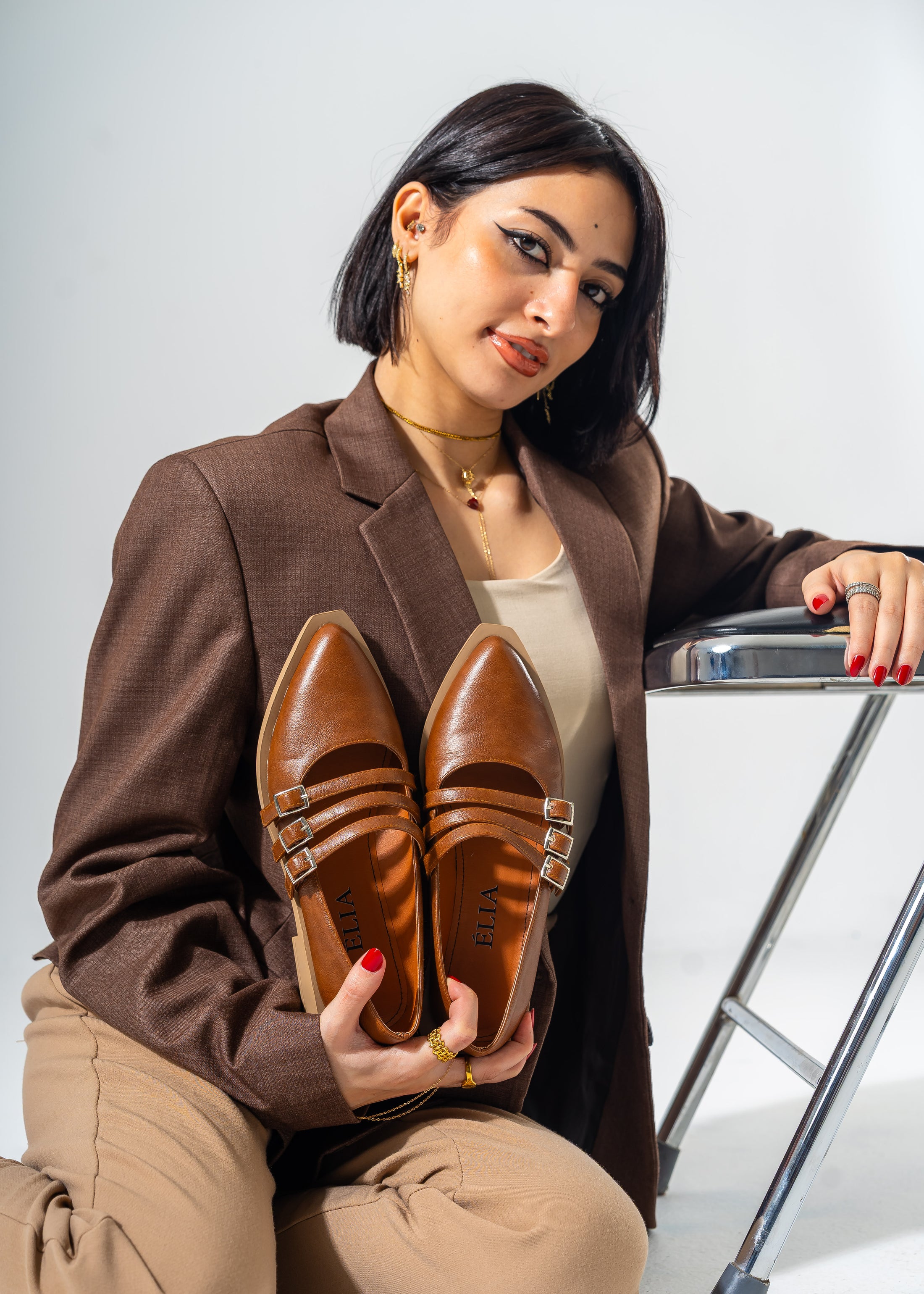 Pointed-Toe Triple Strap Flats-CAMEL