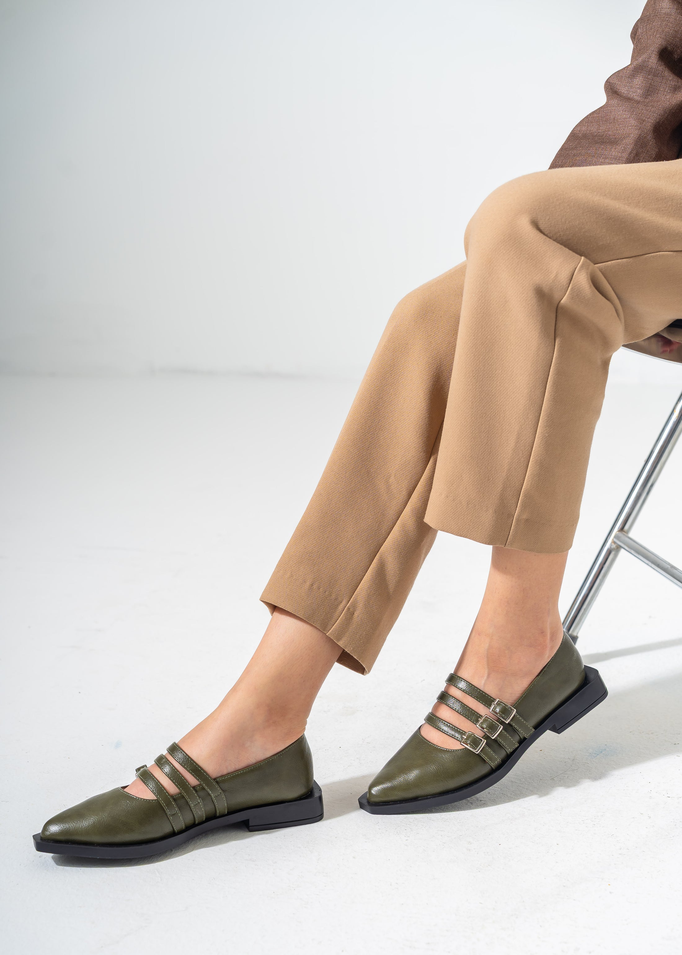 Pointed-Toe Triple Strap Flats-OLIVE