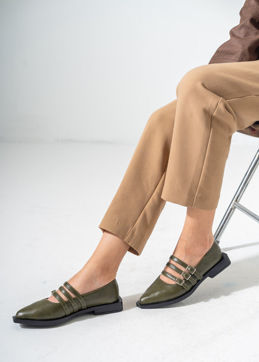 Pointed-Toe Triple Strap Flats-OLIVE