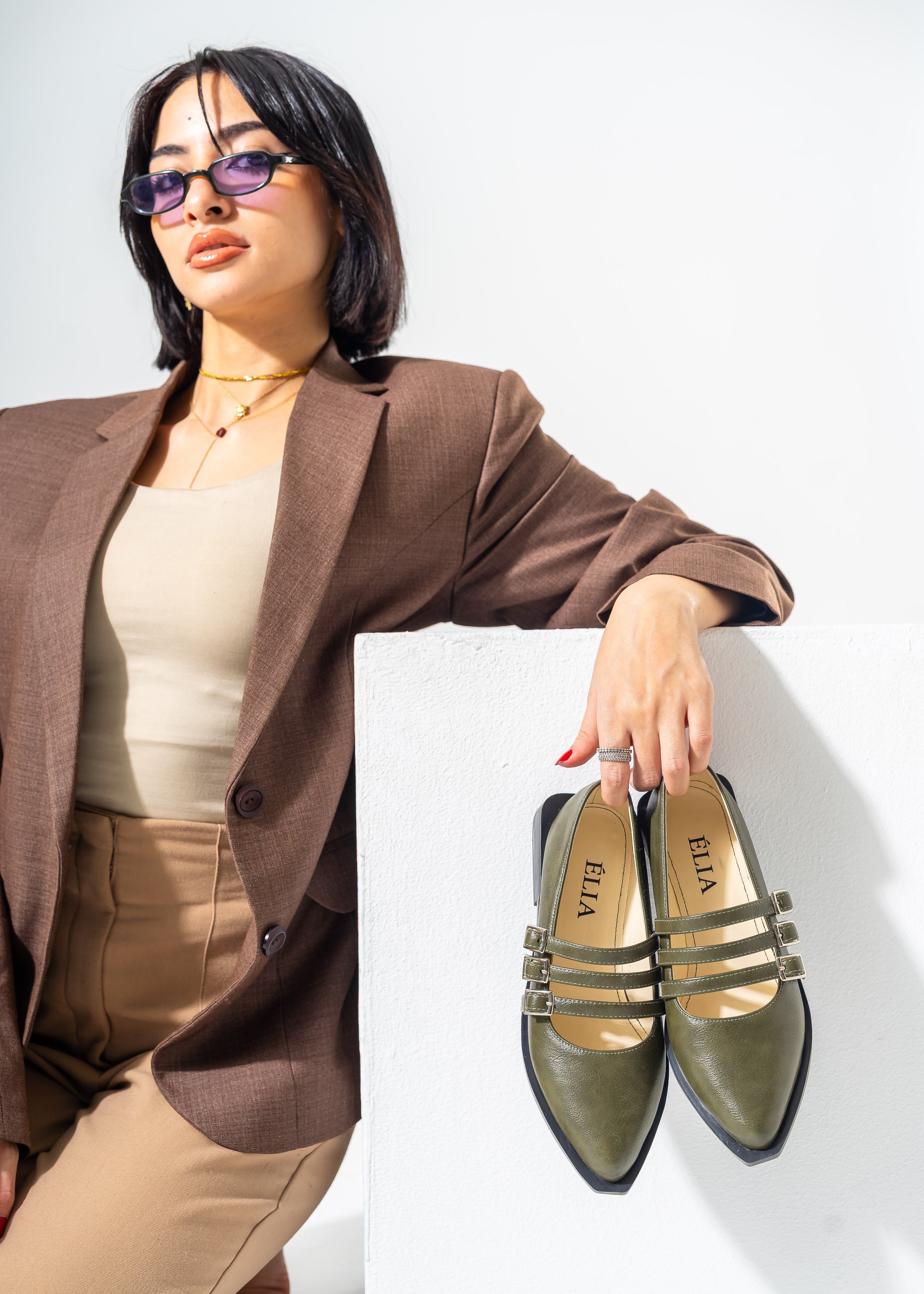 Pointed-Toe Triple Strap Flats-OLIVE