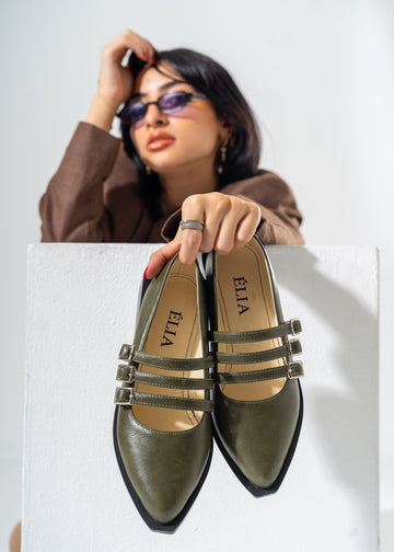 Pointed-Toe Triple Strap Flats-OLIVE