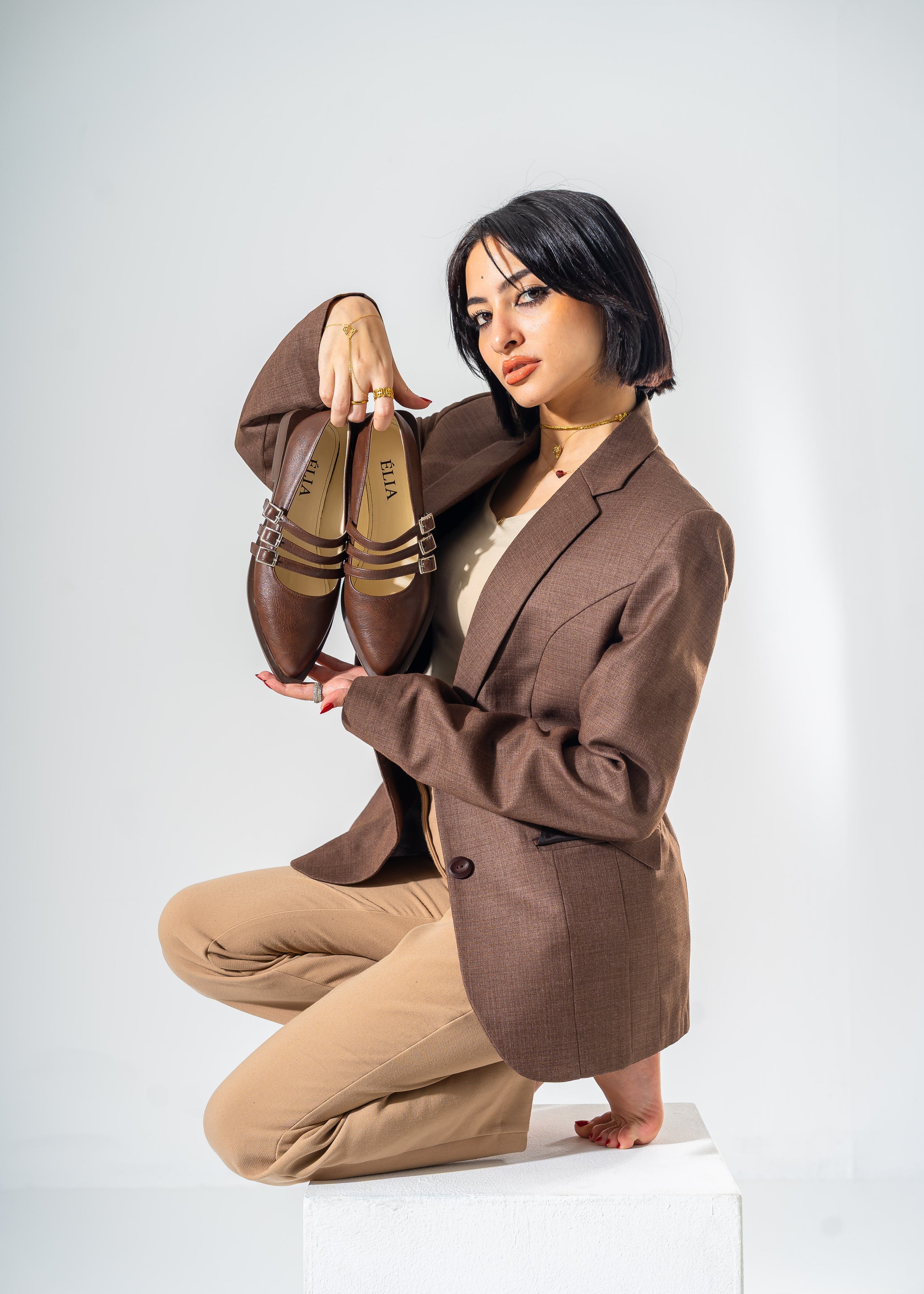 Pointed-Toe Triple Strap Flats-BROWN