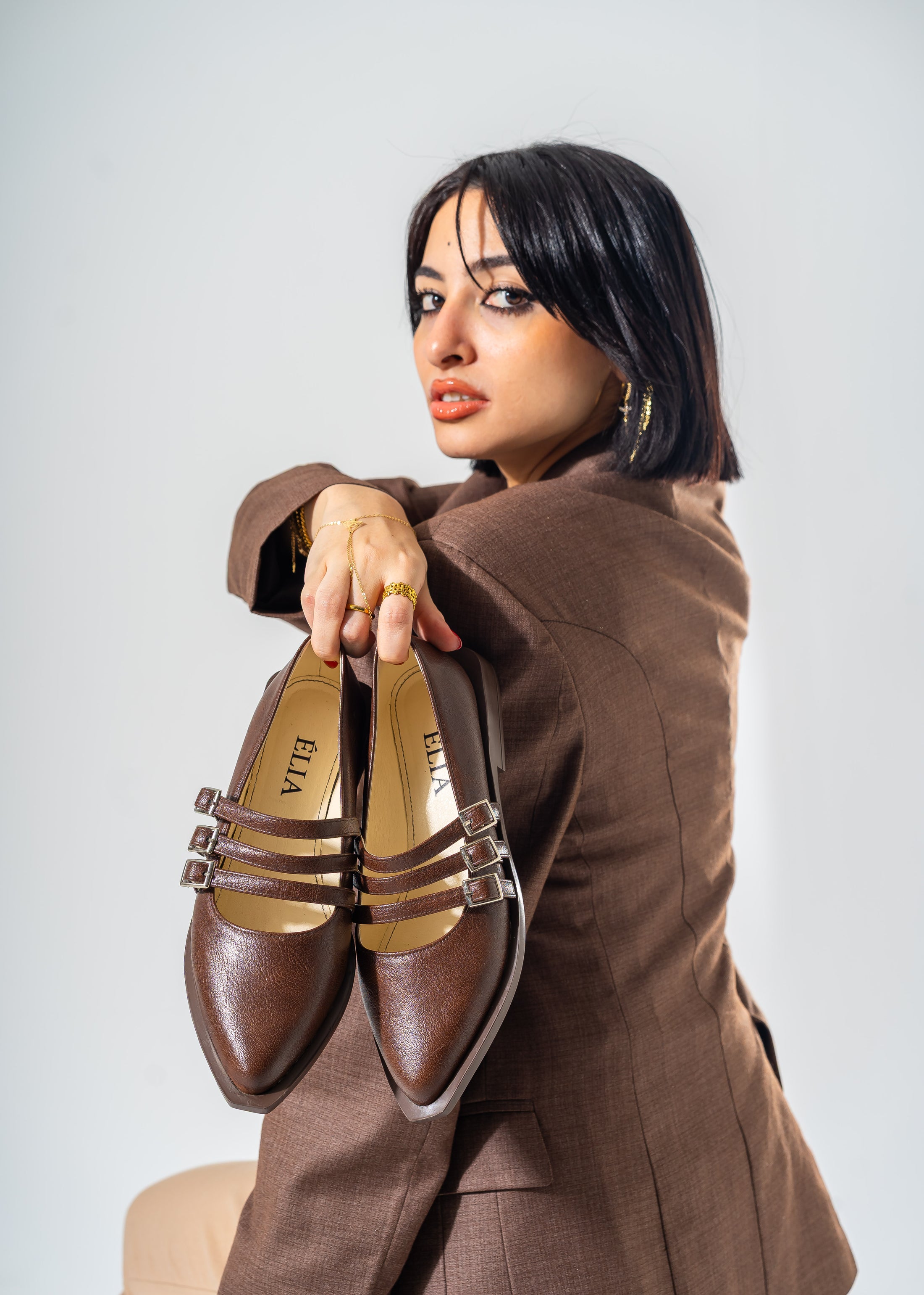 Pointed-Toe Triple Strap Flats-BROWN