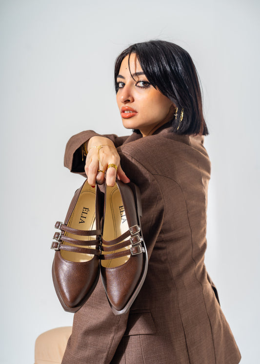 Pointed-Toe Triple Strap Flats-BROWN