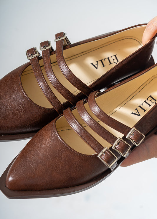Pointed-Toe Triple Strap Flats-BROWN