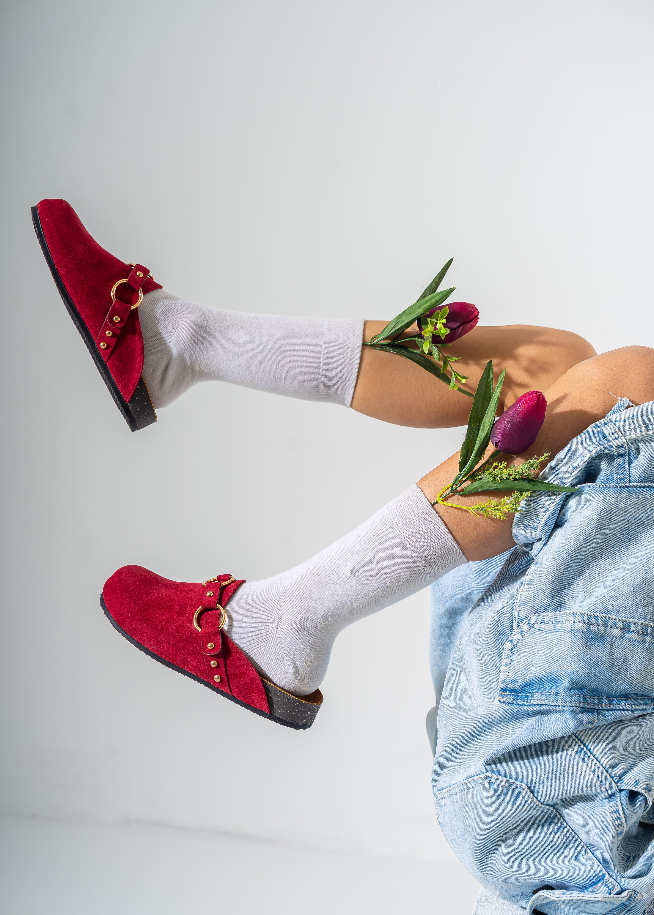 Ring Detail Suede Clogs-RED