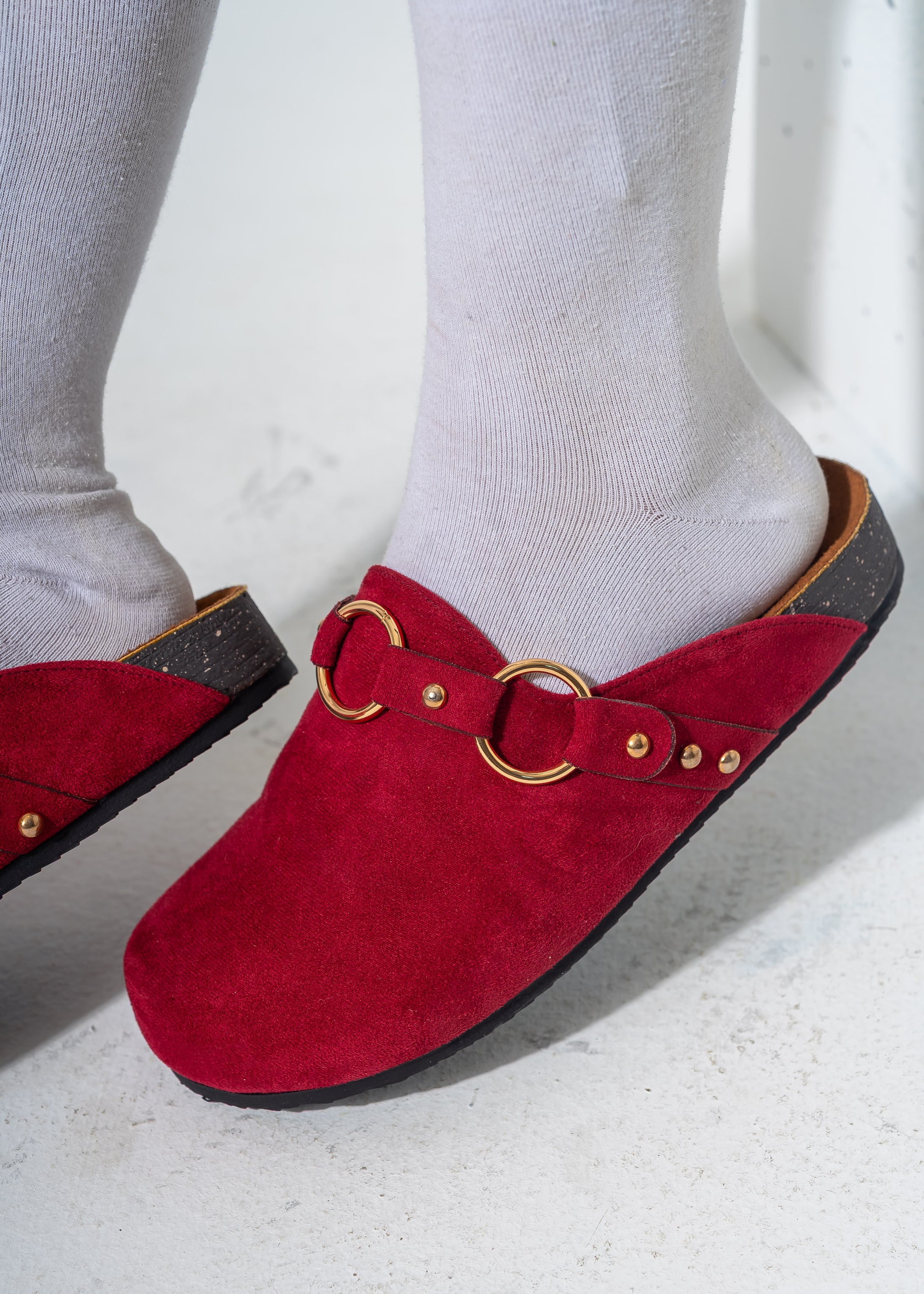 Ring Detail Suede Clogs-RED