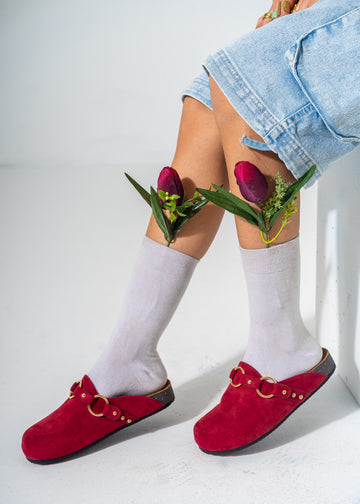 Ring Detail Suede Clogs-RED