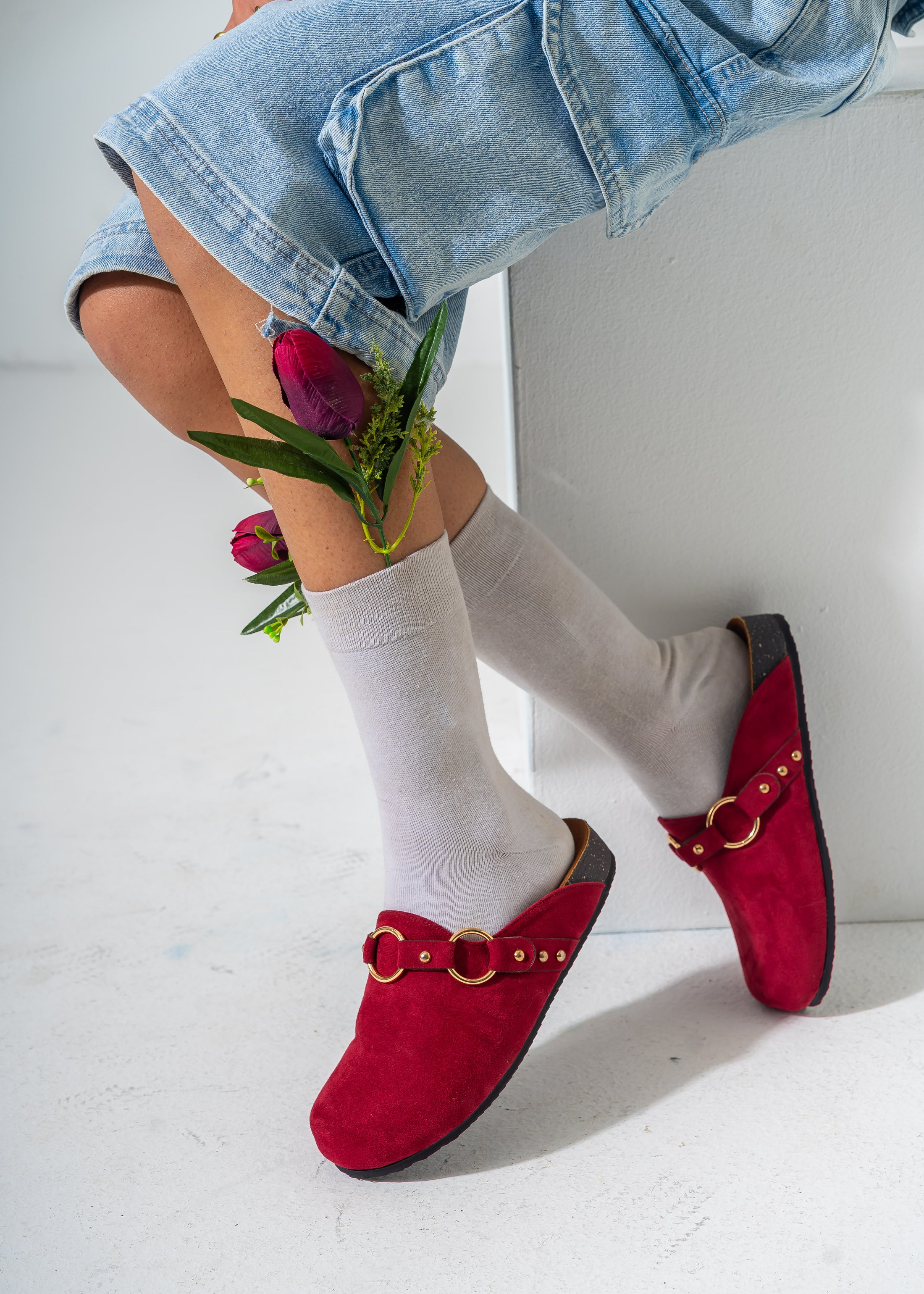 Ring Detail Suede Clogs-RED
