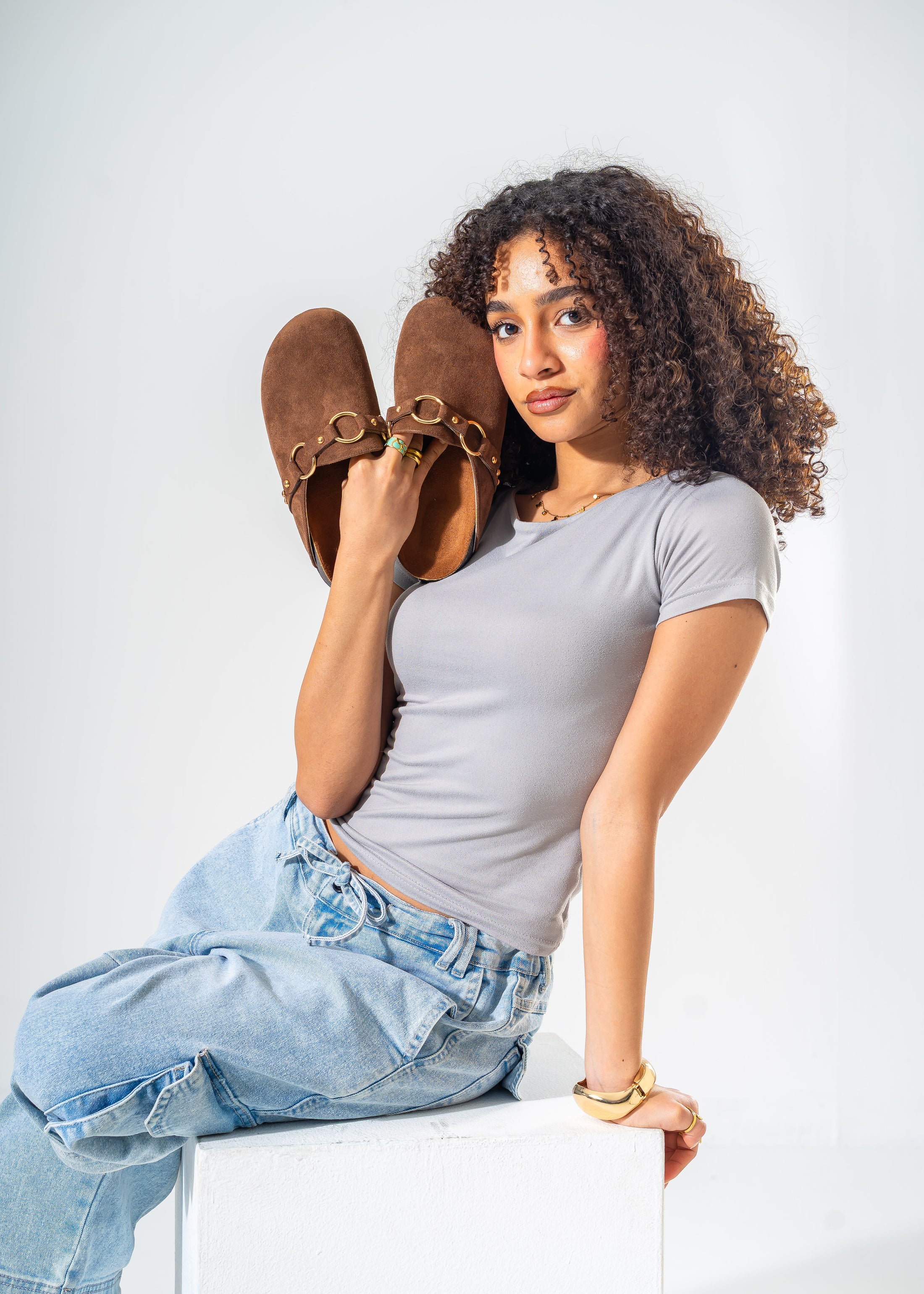 Ring Detail Suede Clogs-BROWN