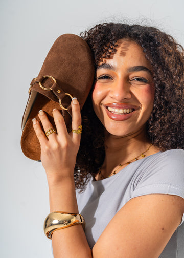 Ring Detail Suede Clogs-BROWN