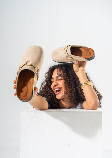 Ring Detail Suede Clogs-BEIGE