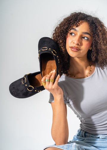 Ring Detail Suede Clogs-BLACK