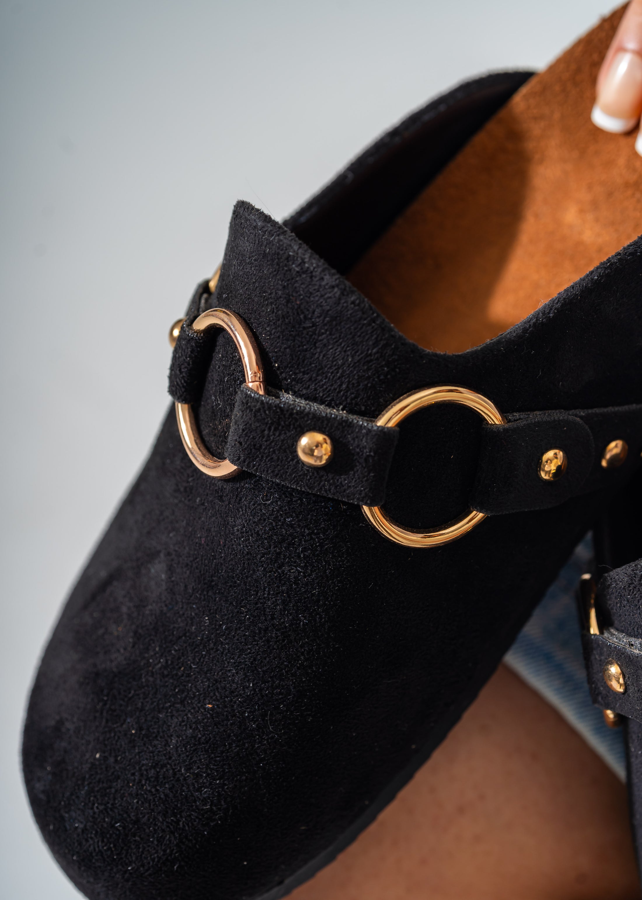 Ring Detail Suede Clogs-BLACK