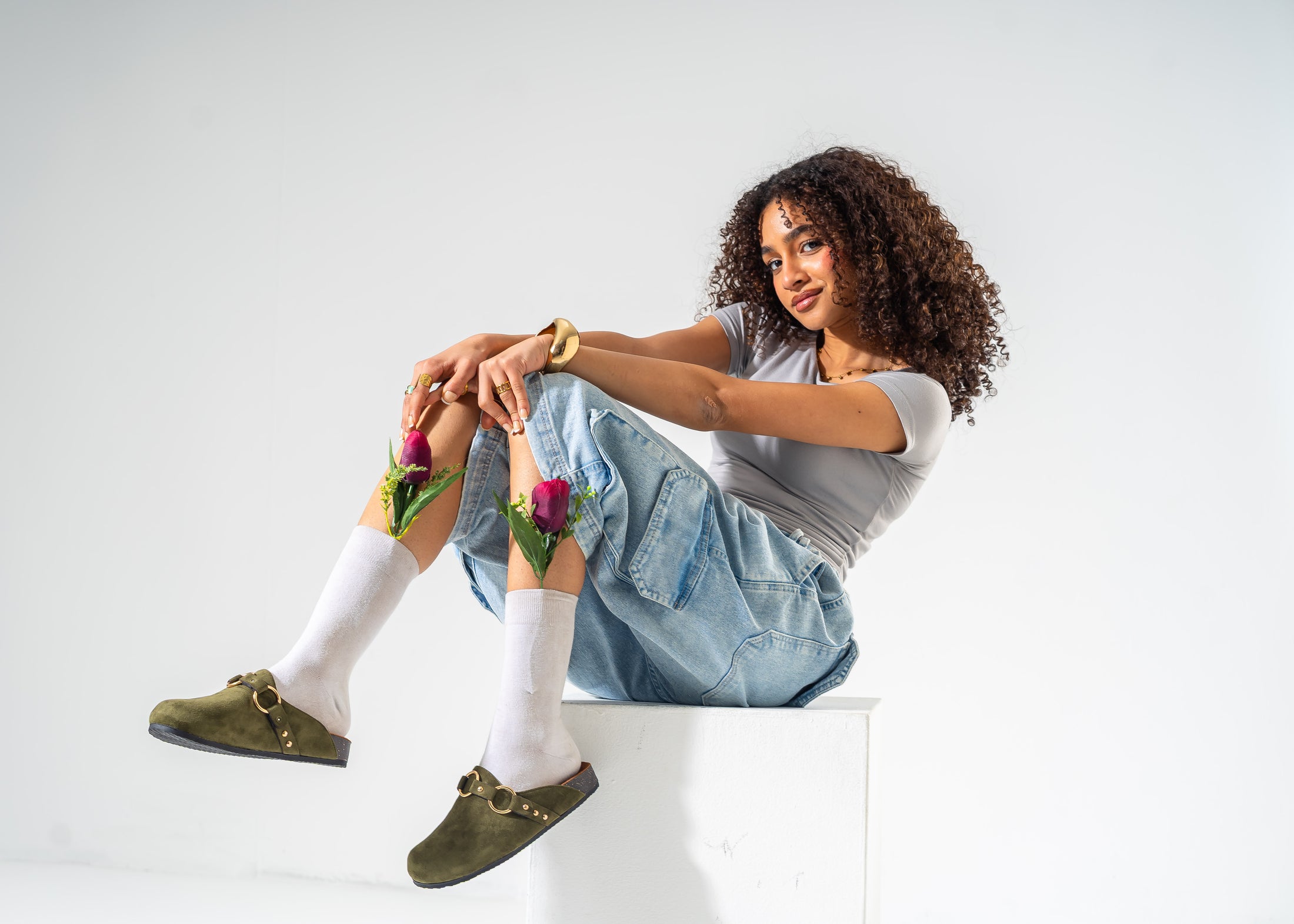 Ring Detail Suede Clogs-OLIVE