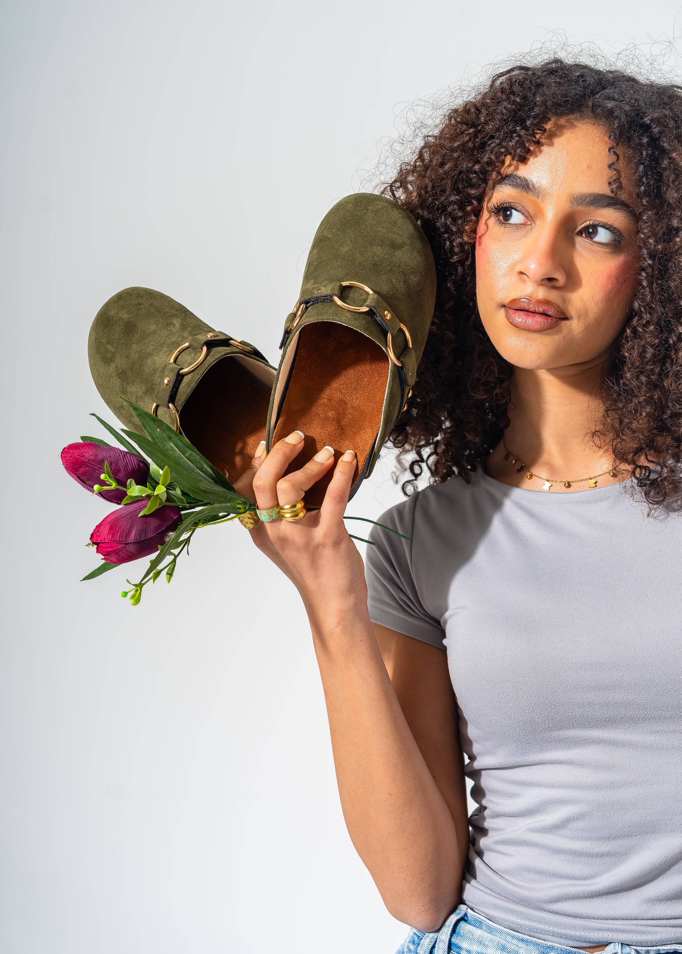Ring Detail Suede Clogs-OLIVE
