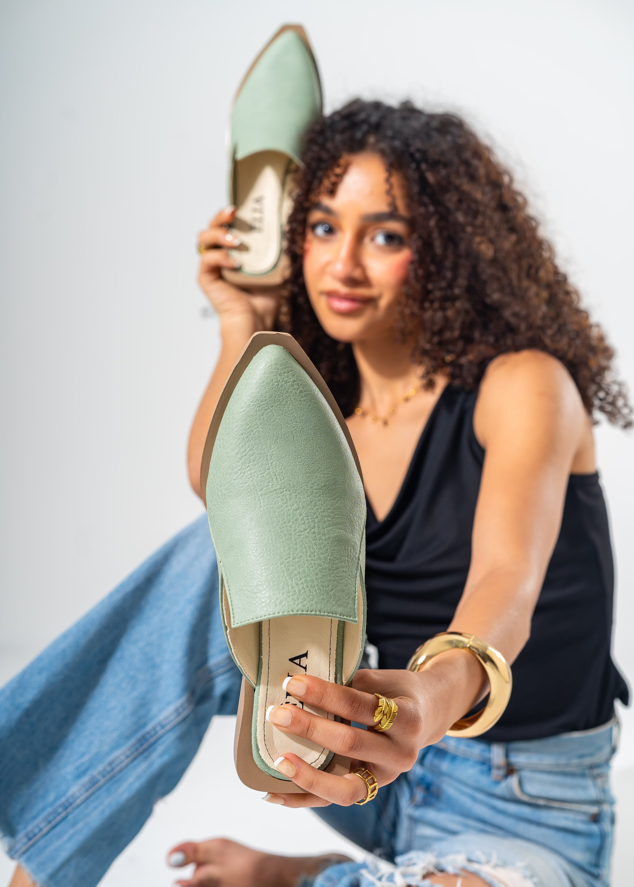 Architectural Cut-Out Pointed Toe Mules-GREEN