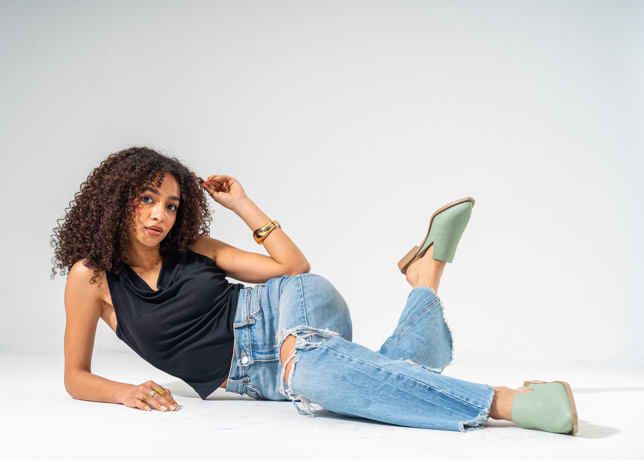 Architectural Cut-Out Pointed Toe Mules-GREEN