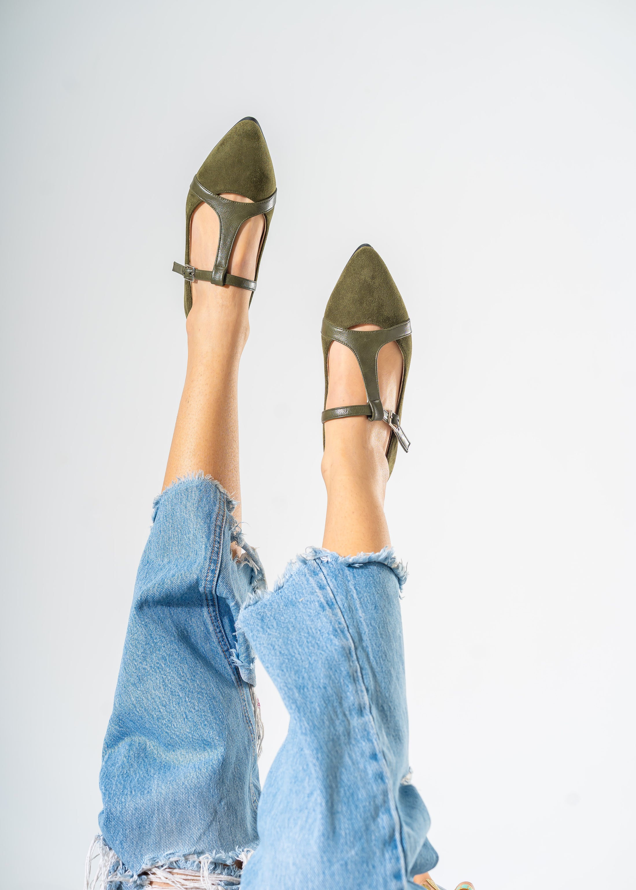 Elegant Buckled T-Strap Flats-OLIVE