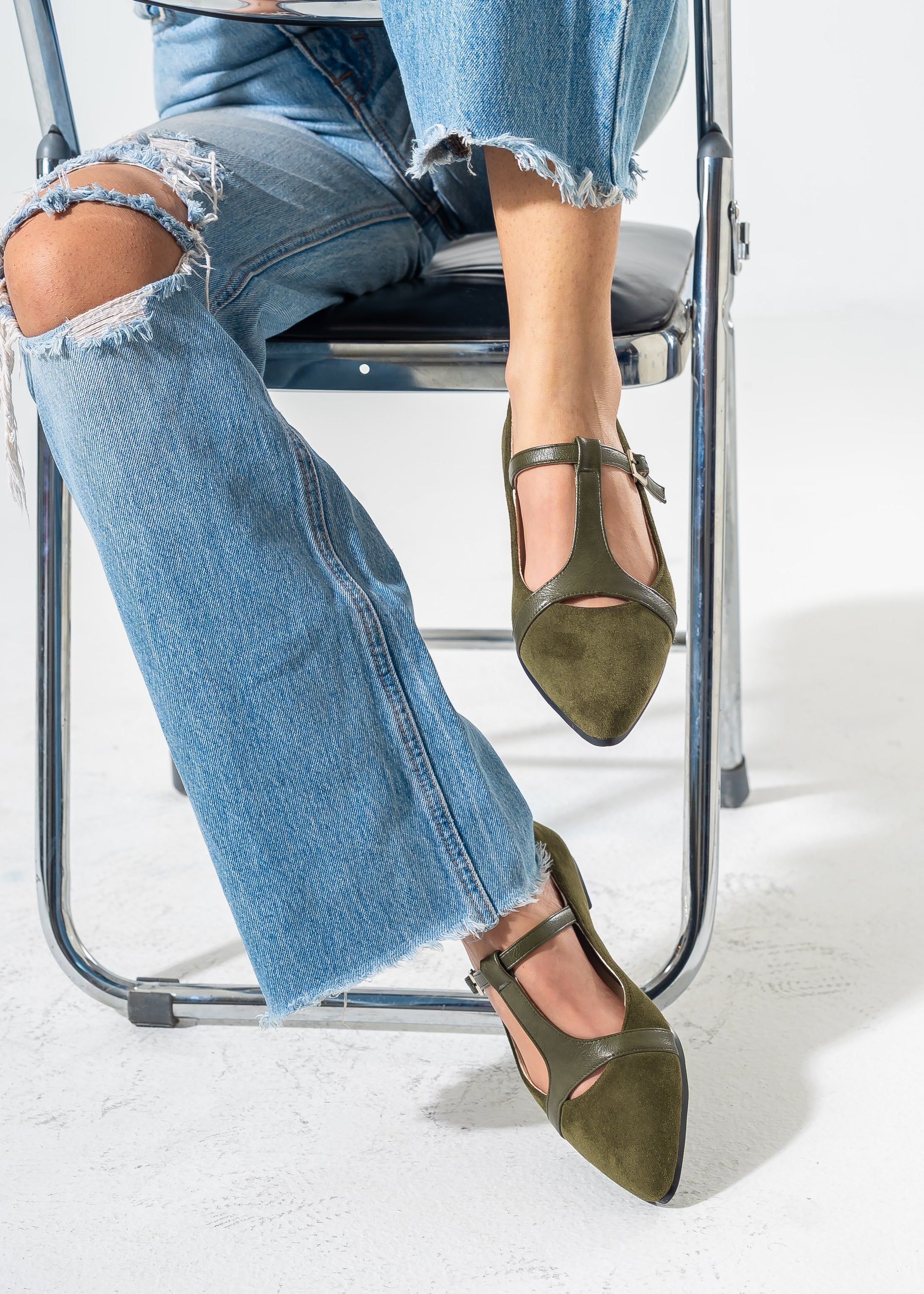 Elegant Buckled T-Strap Flats-OLIVE