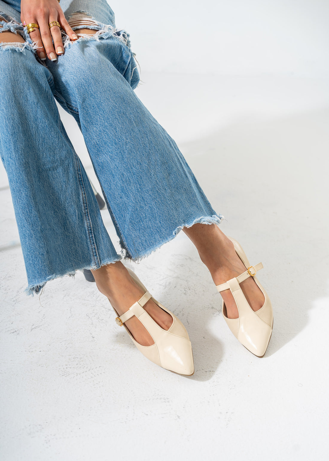 Pointed T-Bar Ballet Flats-BEIGE