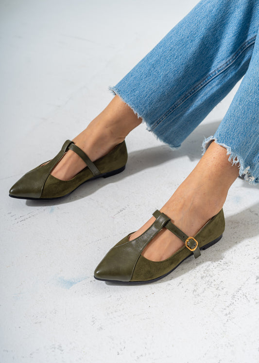 Pointed Toe T-Strap Flats-OLIVE